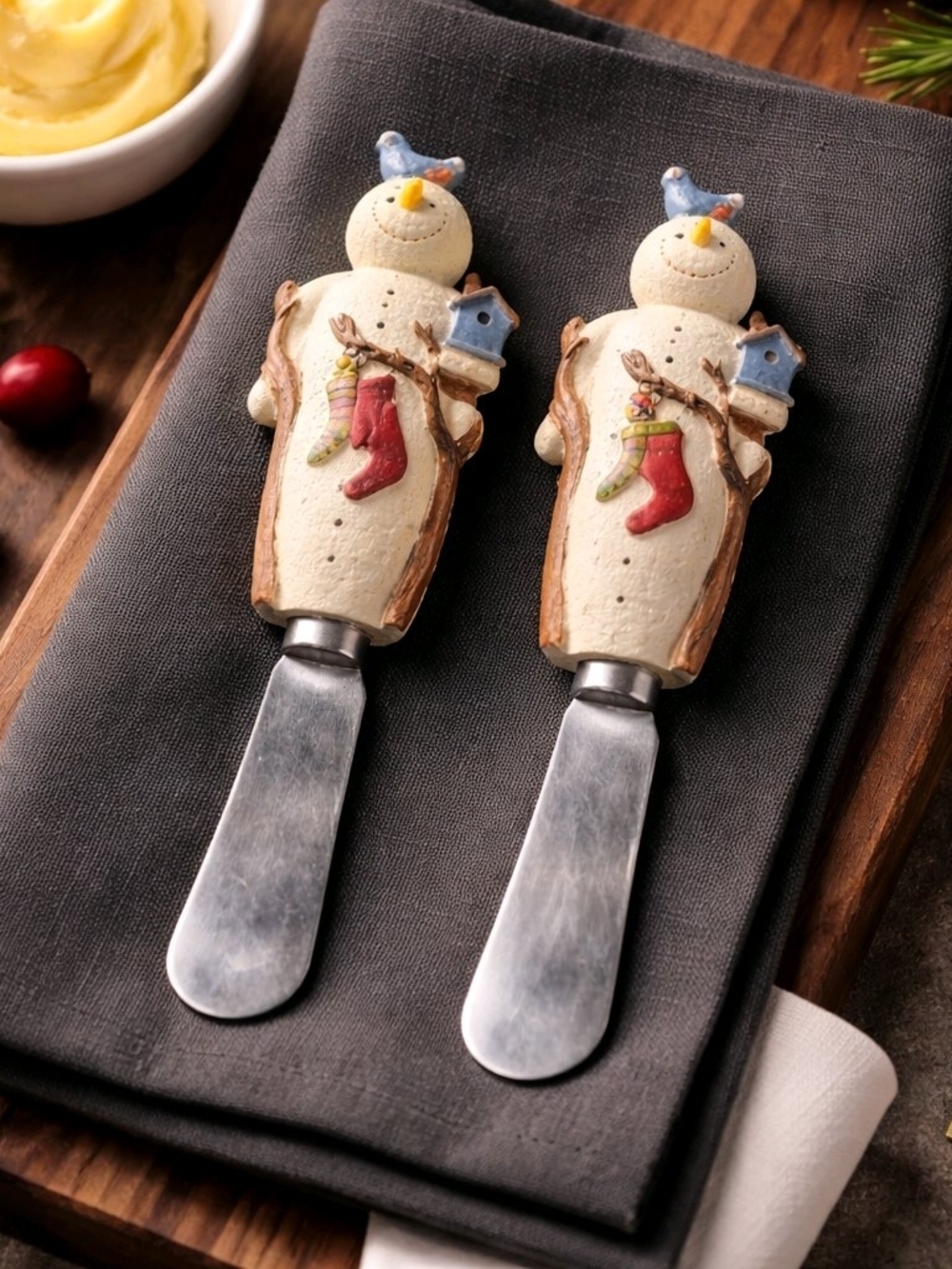 Vintage Christmas Cheese Spreaders Stainless Snowman Knife Knives Set-2